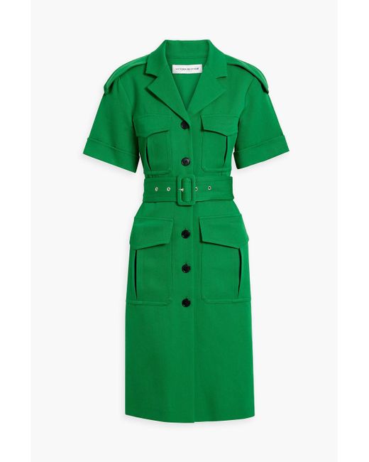 Victoria Beckham Green Belted Wool-twill Shirt Dress