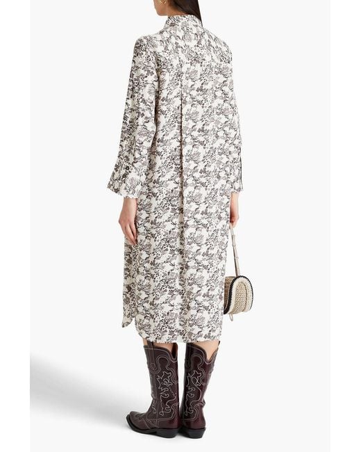 Ganni White Pleated Floral-print Twill Midi Shirt Dress