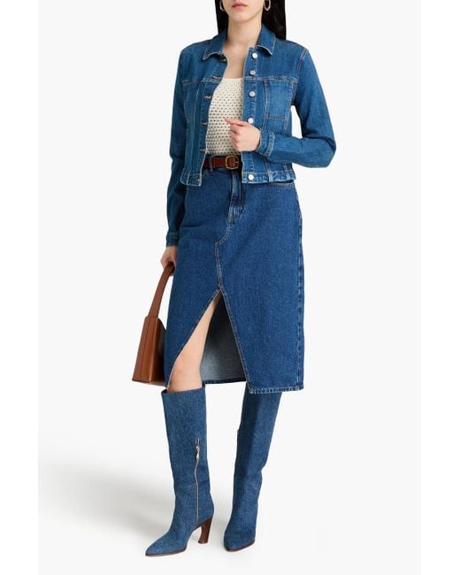 Veronica Beard Barrington Denim Blue Embellished-Collar Cropped Jacket
