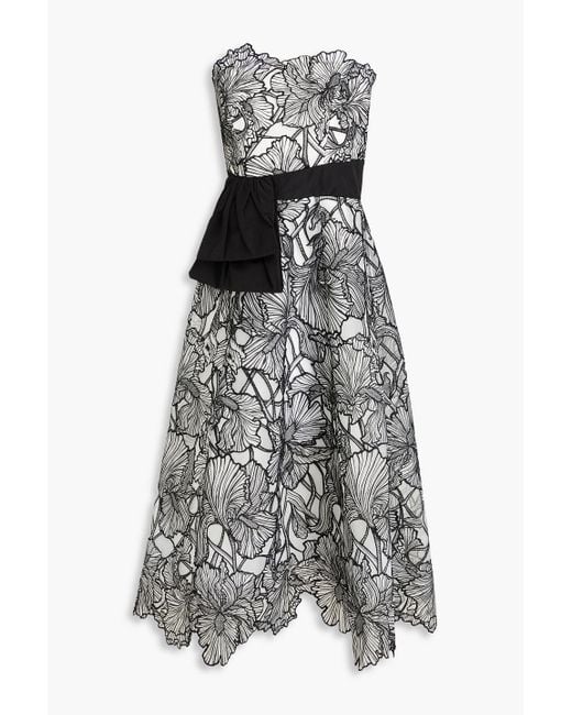 Marchesa Black Strapless Taffeta-paneled Embroidered Tulle Midi Dress