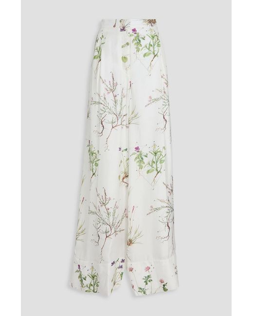 Erdem White Floral-Print Silk-Twill Wide-Leg Pants