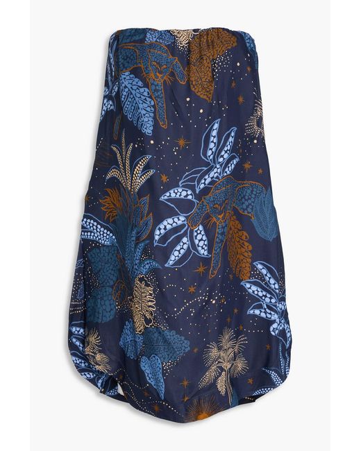 Farm Rio Blue Strapless Printed Satin-twill Top