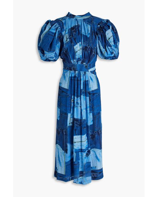 ROTATE BIRGER CHRISTENSEN Blue Cutout Printed Woven Midi Dress