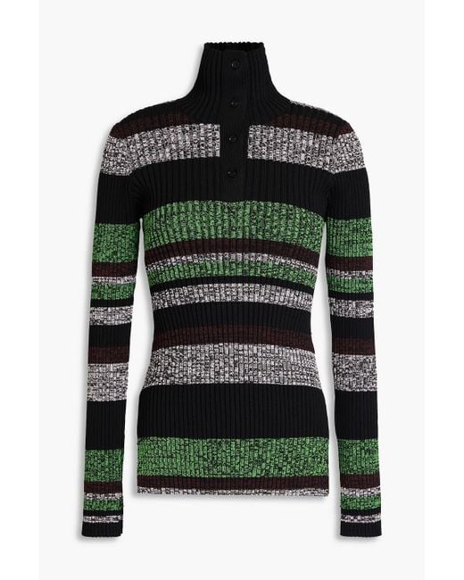 Ganni Black Striped Ribbed-knit Polo Sweater