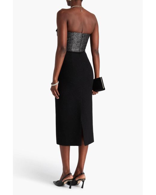 Alessandra Rich Black Strapless Ruffled Vinyl And Metallic Tweed Midi Dress