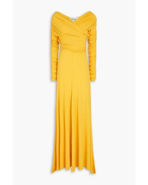 TOVE Yellow Aurelie Wrap-effect Ruched Stretch-jersey Maxi Dress