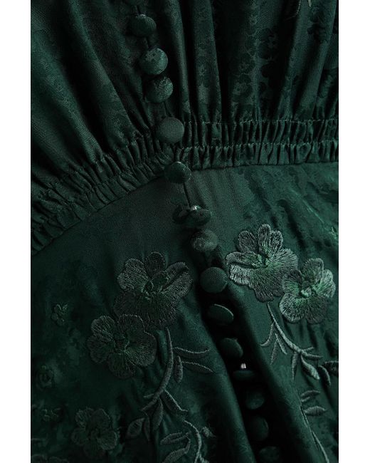 Saloni Green Lea Embroidered Floral-jacquard Silk Maxi Dress