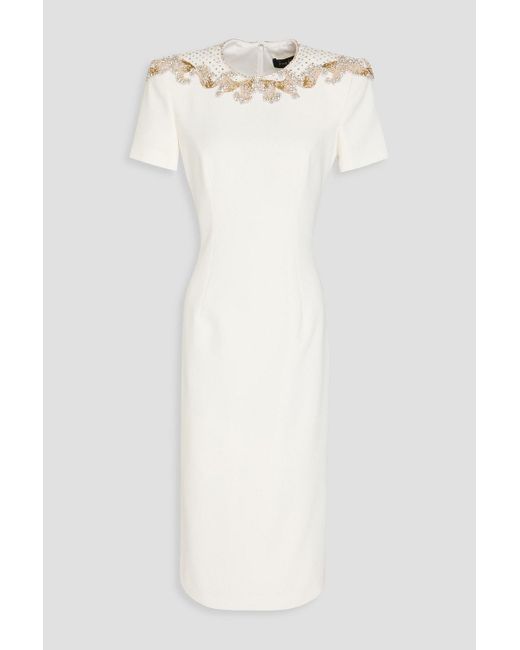 Jenny Packham White Embellished Tulle-trimmed Crepe Midi Dress