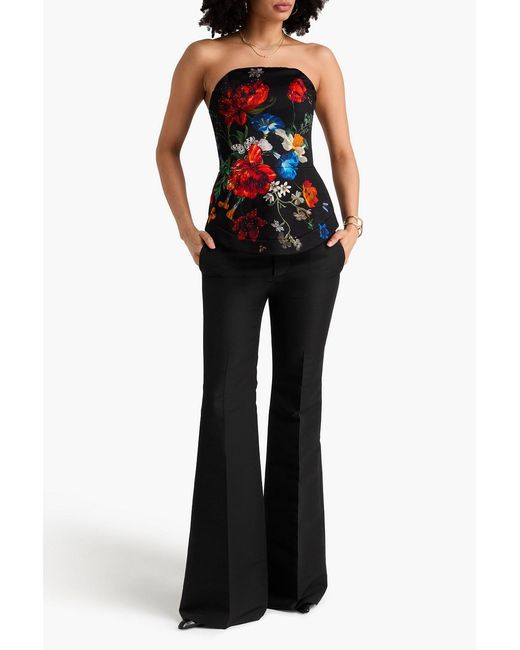 Camilla Red Floral-Print Embellished Silk-Blend Crepe Peplum Bustier Top