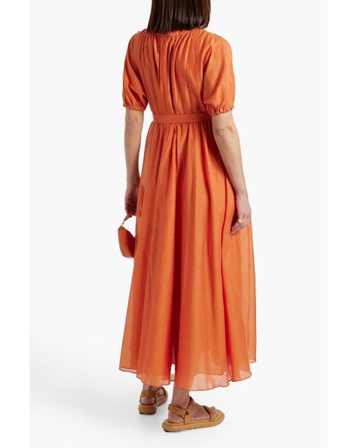 Max Mara Orange Belted Gathered Cotton And Silk-blend Midi Dress