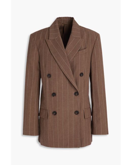 Brunello Cucinelli Brown Doppelreihiger blazer aus einer baumwollmischung mit nadelstreifen und zierperlen