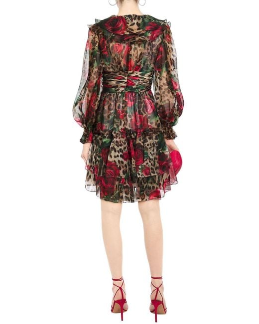 Dolce & Gabbana Red Ruffled Printed Silk-organza Dress