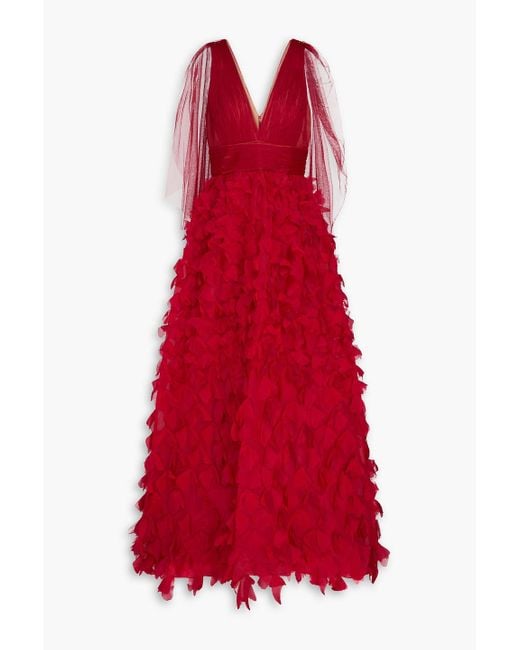 Marchesa Red Appliquéd Plissé-tulle And Organza Gown