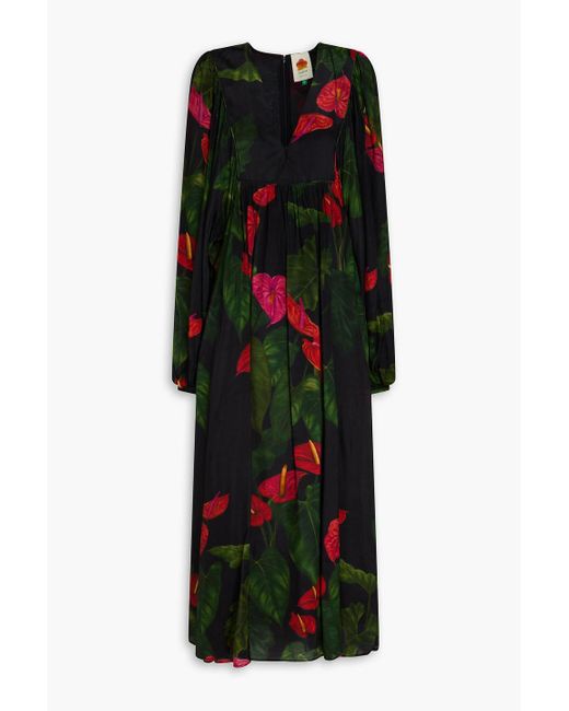 Farm Rio Black Gathered Floral-print Voile Midi Dress