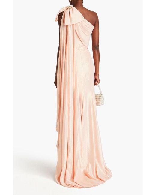 Jenny Packham Pink One-shoulder Bow-detailed Lamé Midi Dress