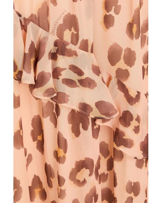 Zimmermann Pink Ruffled Leopard-Print Crepe De Chine Midi Skirt