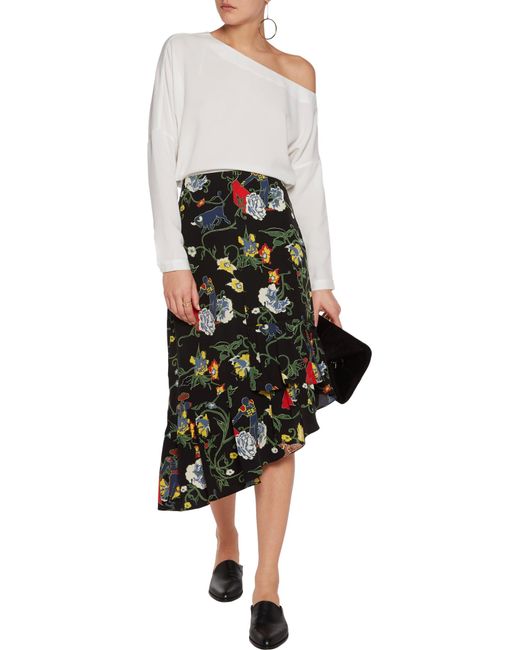 Tibi Seville Asymmetric Floral-print Silk Midi Skirt in Black | Lyst