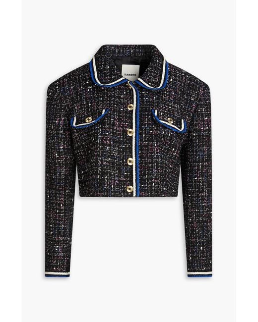 Sandro Black Cropped Metallic Cotton-blend Tweed Jacket