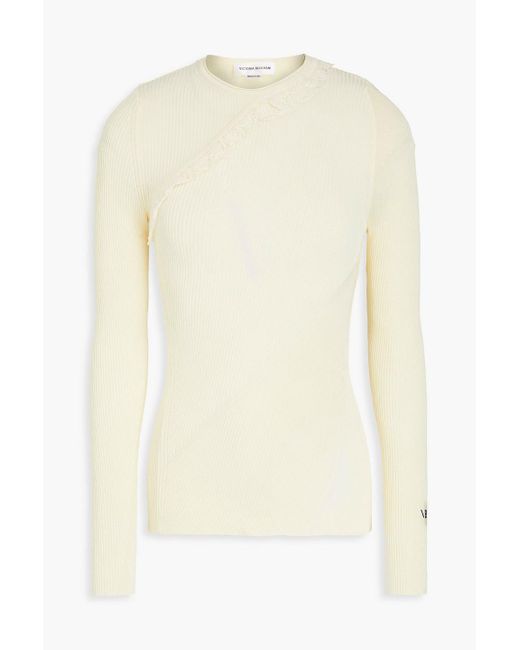 Victoria Beckham White Ruffled Ribbed-knit Sweater