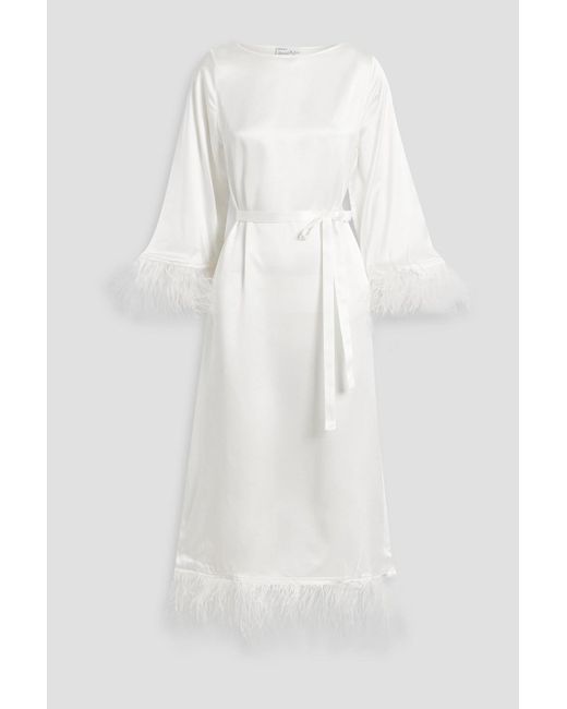 HVN White Andrea Feather-trimmed Silk-satin Midi Dress