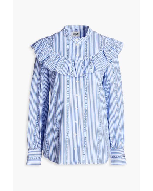 Claudie Pierlot Blue Hemd aus baumwollpopeline mit streifen und rüschen