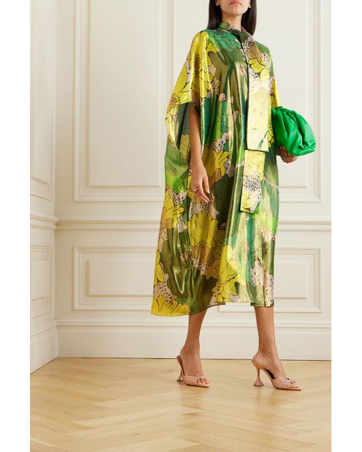 Halpern Yellow Pussy-bow Printed Silk-blend Satin Kaftan