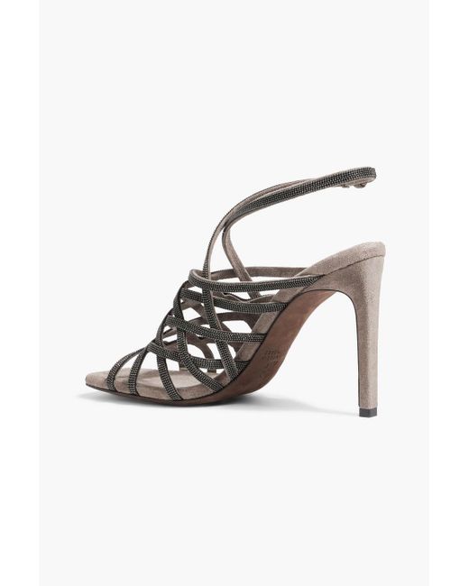 Brunello Cucinelli White Bead-embellished Suede Slingback Sandals