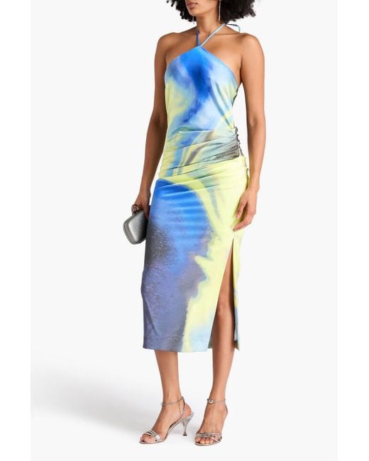 Jonathan Simkhai Blue Hansel Printed Satin Halterneck Midi Dress
