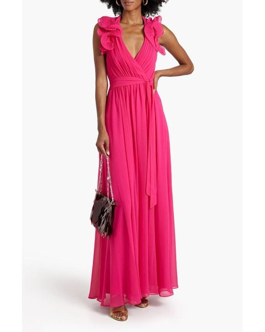 Badgley Mischka Pink Pleated Chiffon Halterneck Maxi Dress