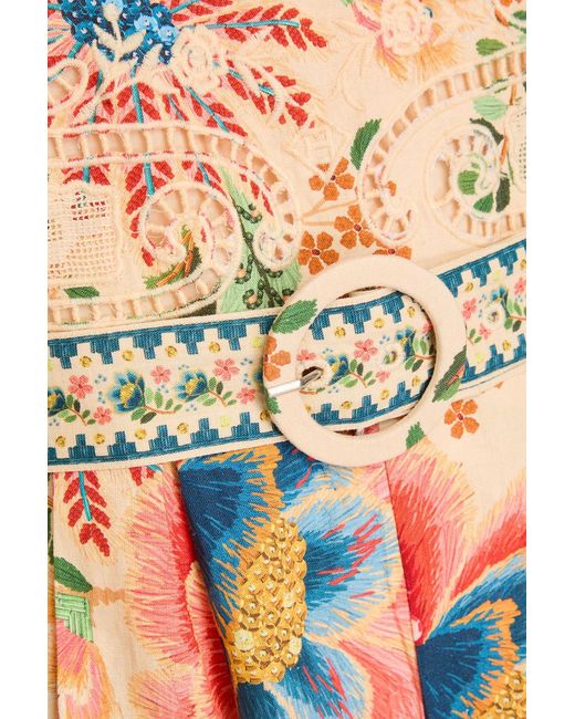 Farm Rio Orange Guipure Lace-trimmed Floral-print Linen-blend Playsuit