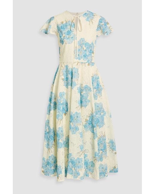 Mikael Aghal Blue Floral-Print Broderie Anglaise Cotton Midi Dress