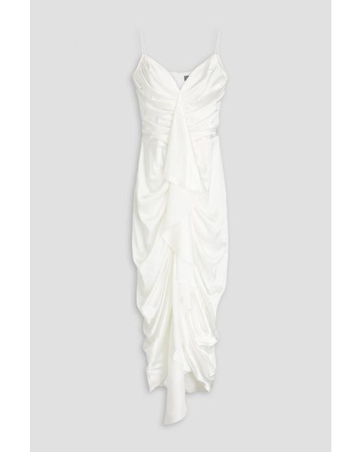 Rasario White Ruffled Satin Midi Dress
