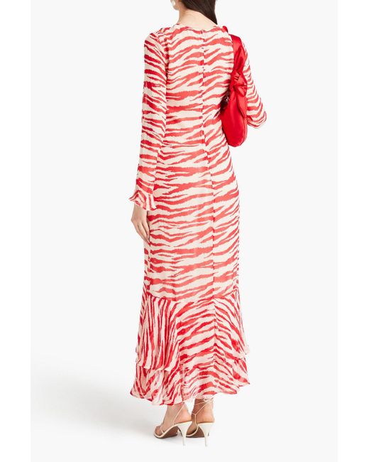 Ganni Red Ruffled Tiger-print Chiffon Maxi Dress