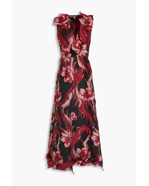 Alberta Ferretti Red Metallic Floral-appliquéd Jacquard Maxi Dress