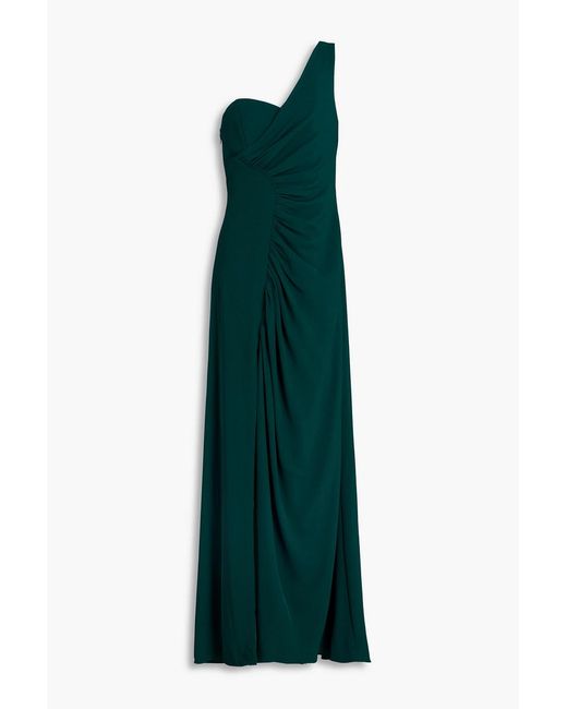 Halston Heritage Green Verdianna One-shoulder Ruched Crepe Gown