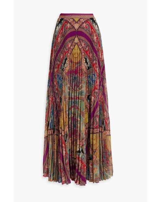 Etro Red Pleated Printed Crepe Maxi Skirt