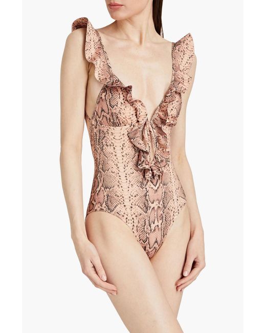 Zimmermann Pink Moonshine Waterfall Ruffled Snake-print Swimsuit