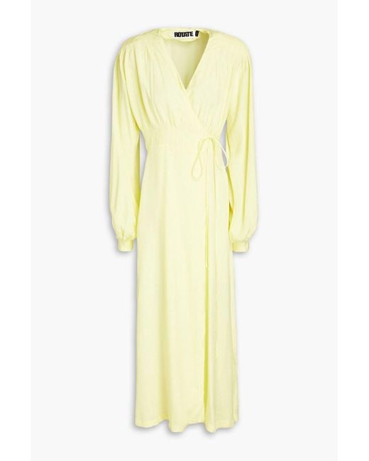 ROTATE BIRGER CHRISTENSEN Yellow Marison Pintucked Satin-jacquard Midi Wrap Dress