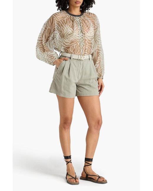 Brunello Cucinelli Natural Bead-Embellished Printed Silk-Organza Blouse