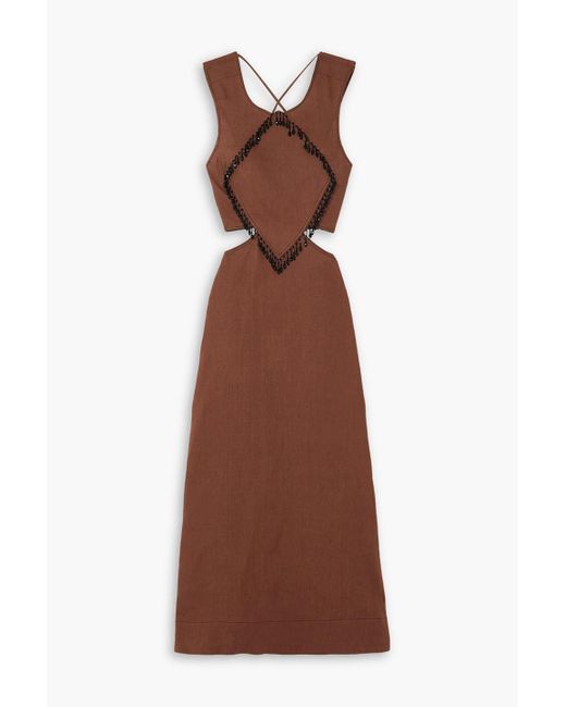 Ganni Brown Bead-embellished Cutout Hemp Maxi Dress