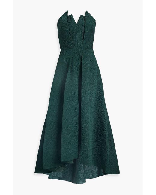 THEIA Green Imogen Asymmetric Strapless Cloqué-jacquard Gown