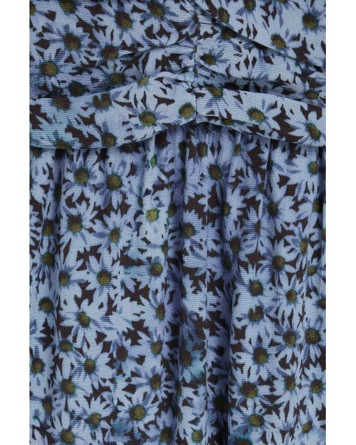Ganni Blue Ruched Floral-print Mousseline Mini Dress