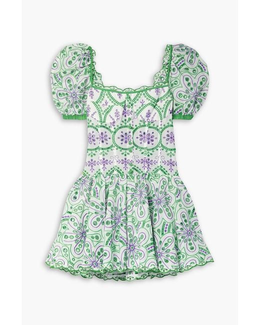 Charo Ruiz Green Yara Pleated Broderie Anglaise Cotton-blend Mini Dress