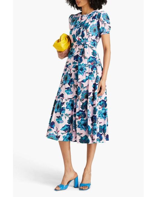 Diane von Furstenberg Blue Frankie gestuftes midikleid aus stretch-baumwollpopeline mit floralem print