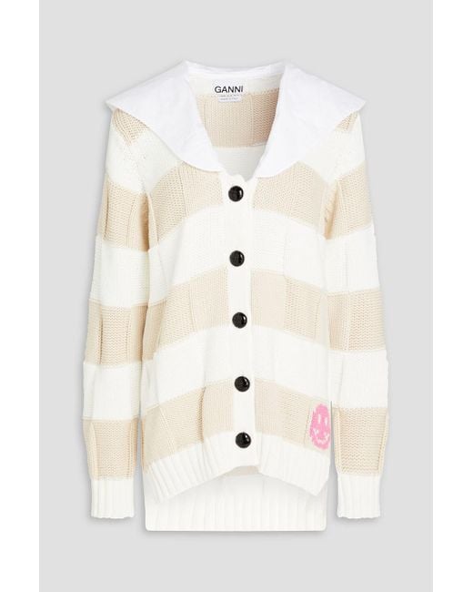 Ganni Natural Poplin-paneled Striped Cotton-blend Cardigan