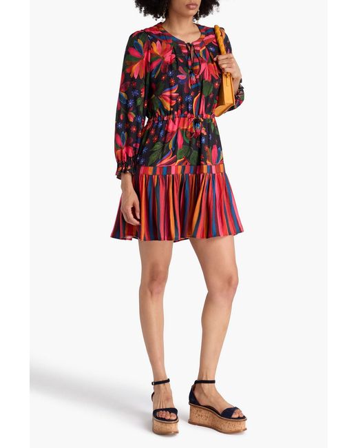 Farm Rio Tiered Embellished Printed Crepe Mini Dress