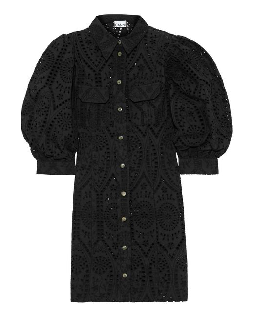 Ganni Black Sandrose Broderie Anglaise Cotton Mini Shirt Dress