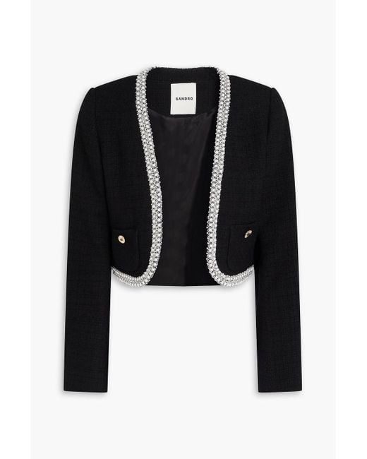Sandro Black Cropped Embellished Cotton-Blend Tweed Jacket