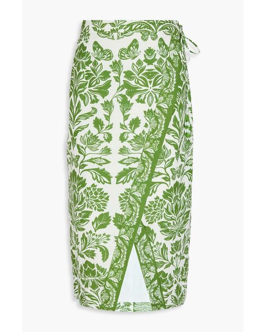 Farm Rio Green Floral-print Linen-blend Midi Wrap Skirt