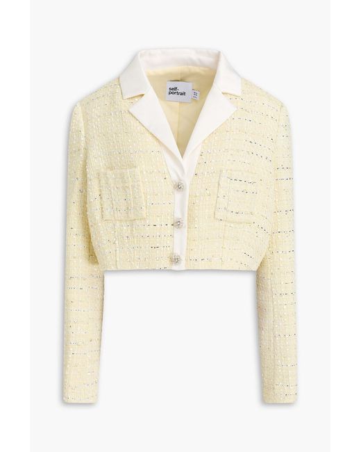Self-Portrait Natural Cropped Embellished Metallic Tweed Blazer
